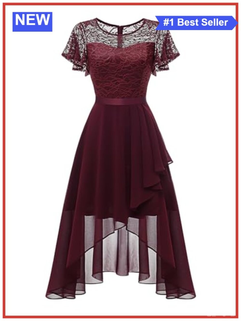 Womens Lace Chiffon High Low Formal Dress Flutter Sleeve Midi Prom